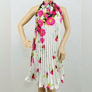 Vintage Neelam Medium High Neck Sleeves Whit Pink Floral Pleated Dress